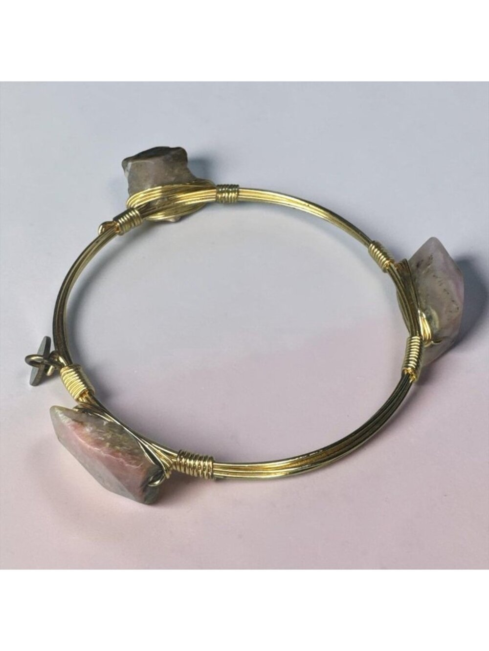 Artisan Pink Stone Wire Wrapped Bangle Bracelet Gold Tone Boho Statement Necklac